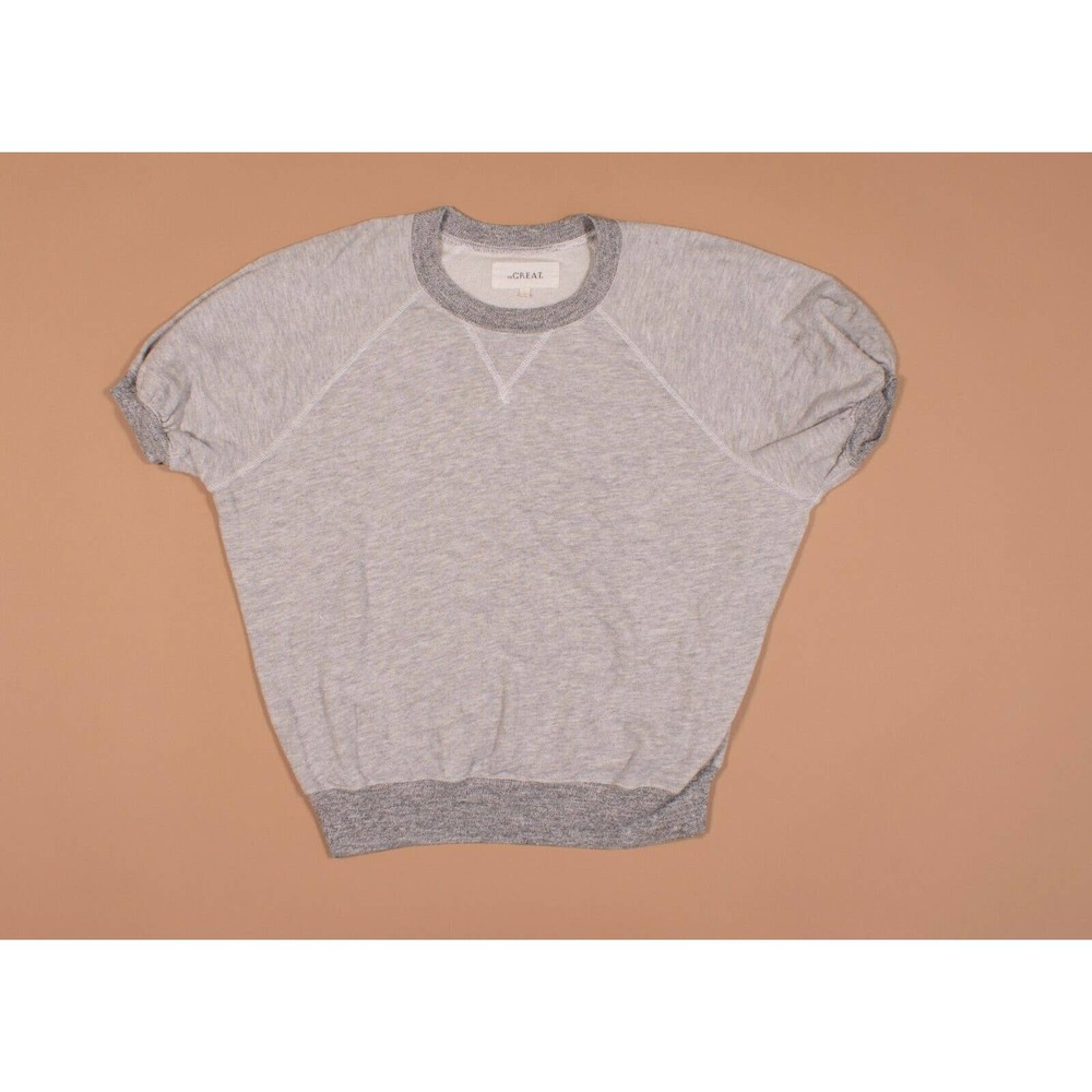 THE GREAT Gray Dolman Short Sleeve V Stitch Sweatshirt Pullover